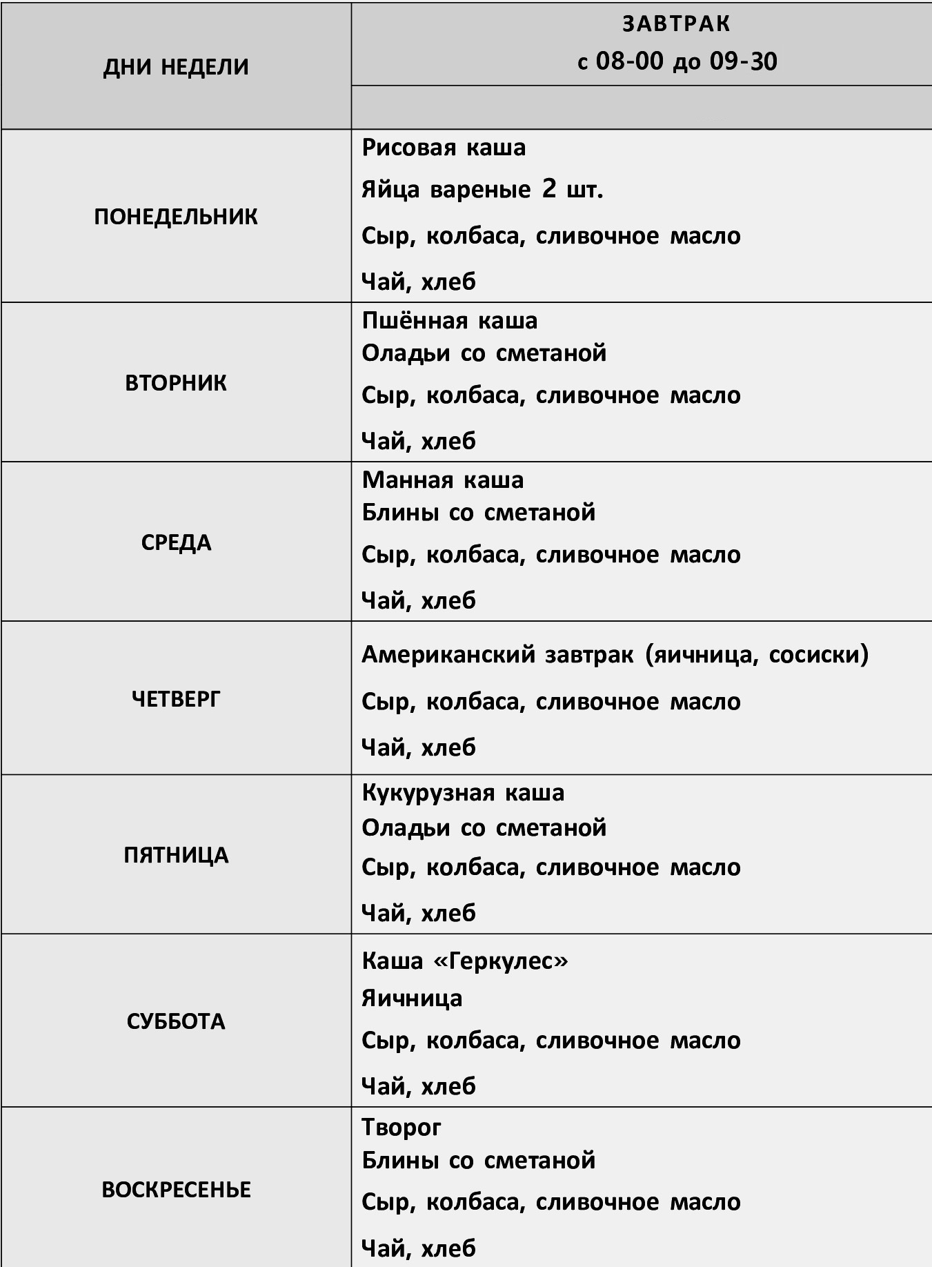 Примерное меню на неделю