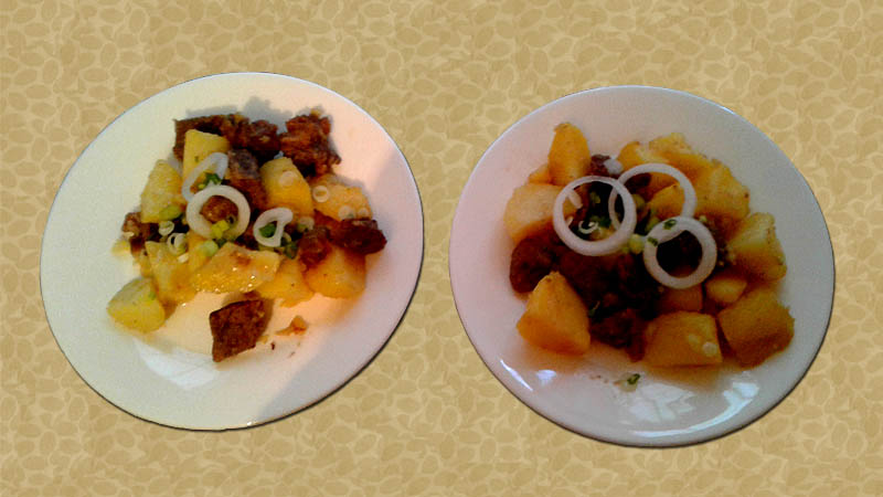 Примеры блюд на обед. Куурдак (жареное мясо с картошкой на казане)